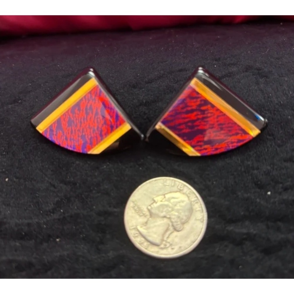 Susan Jan Studio Art Glass Fan Earrings Dichroic Purple Red Yellow Geometric